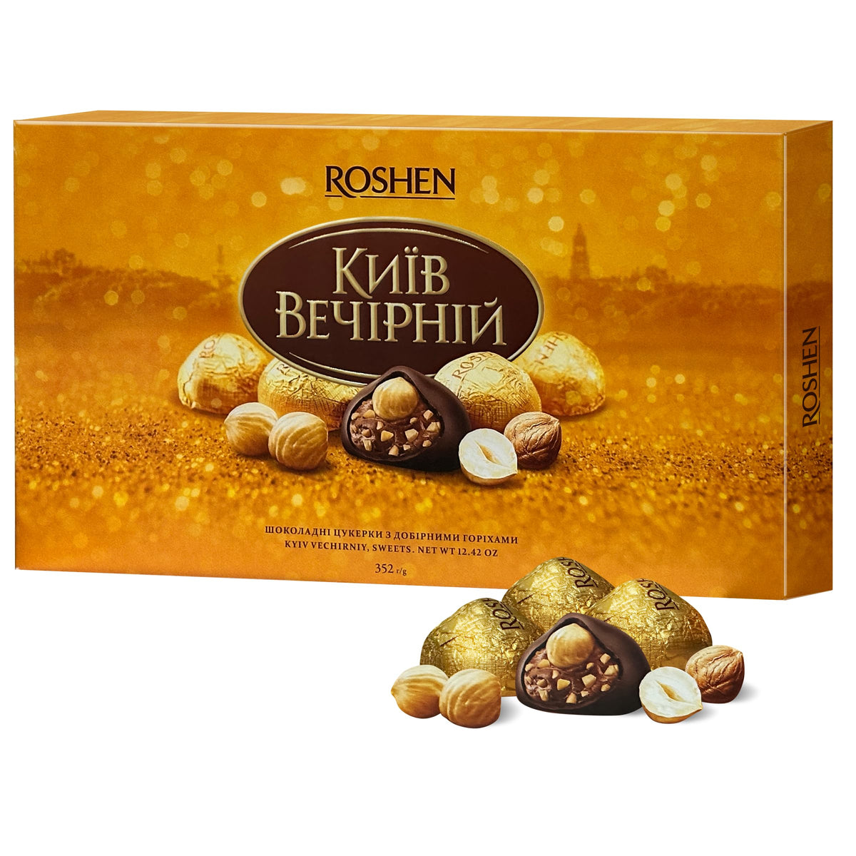 Roshen Kyiv Vecherniy gift box featuring 32 pralines with dark chocolate and hazelnuts.