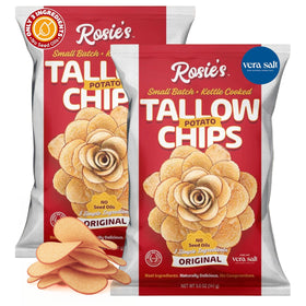 Rosie’s Beef Tallow Chips bag front view showing kettle-cooked crunch and branding
