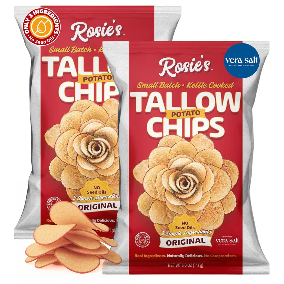 Rosie’s Beef Tallow Chips bag front view showing kettle-cooked crunch and branding