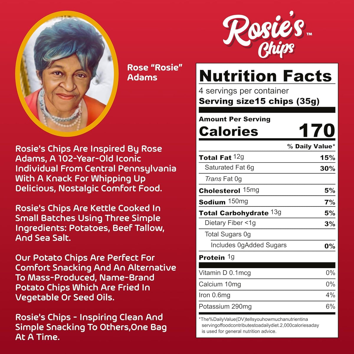Ingredients close-up on Rosie’s Beef Tallow Chips