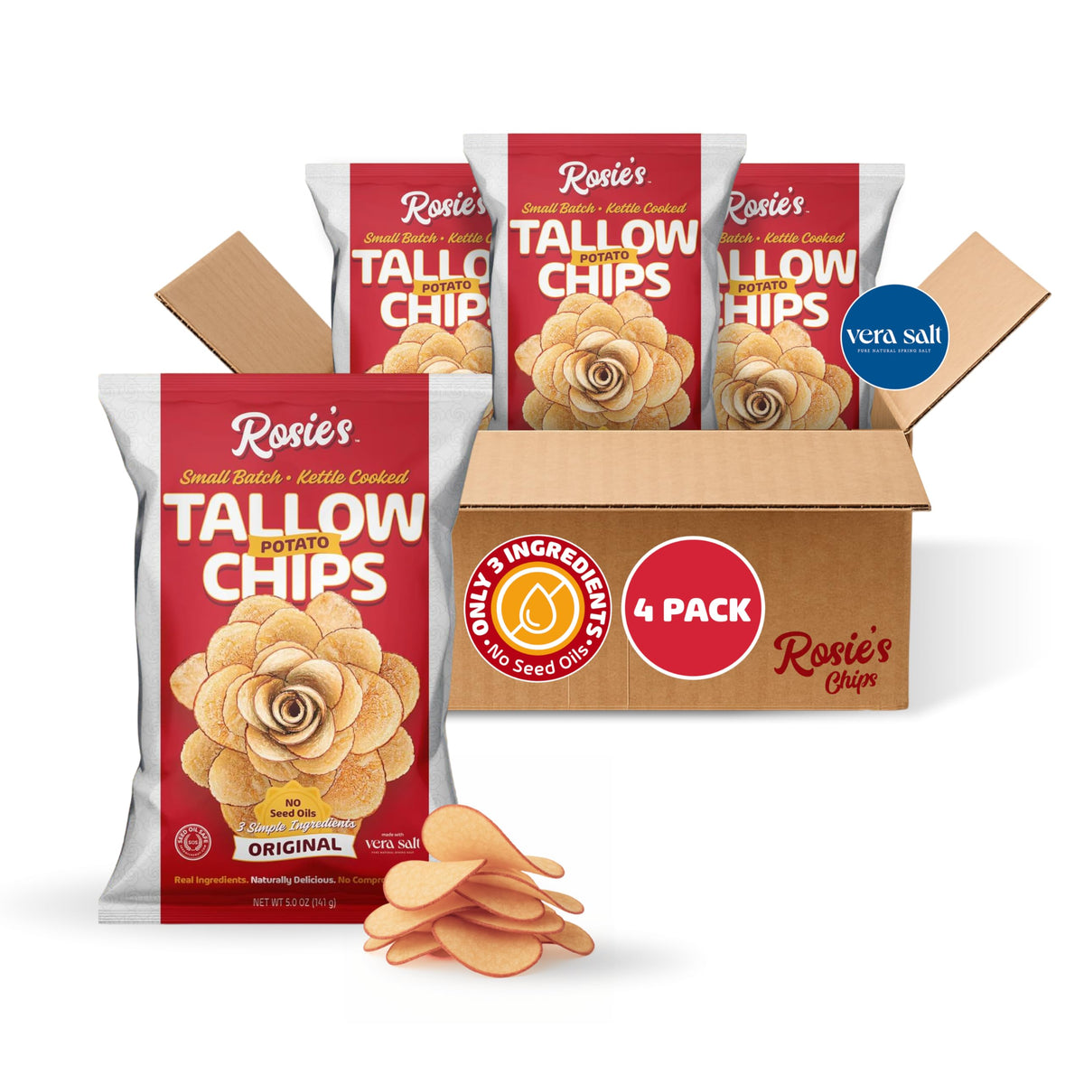 Rosie’s Beef Tallow Chips bag showing bold kettle-crisp texture for a savory snack