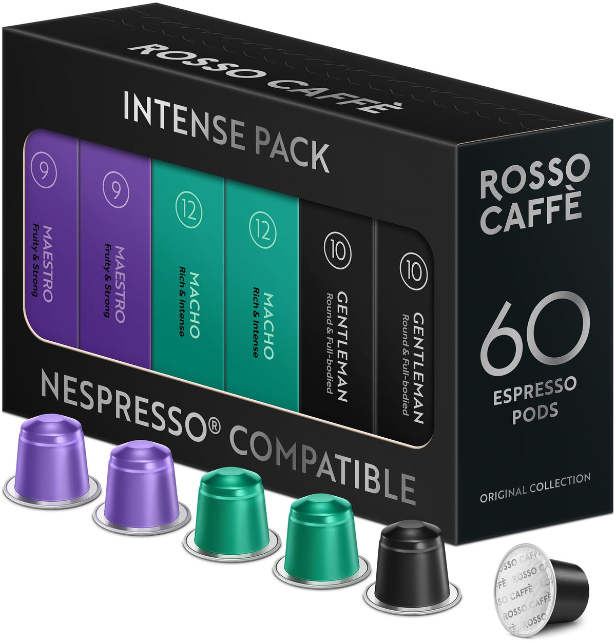 Rosso Caffè 60-pod pack front shows bold dark roast for espresso lovers.