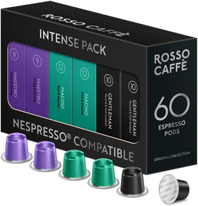 Rosso Caffè 60-pod pack front shows bold dark roast for espresso lovers.