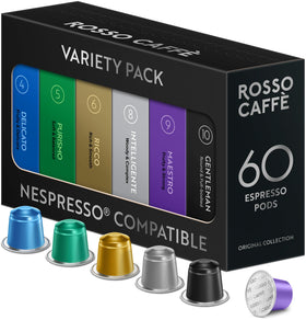 ROSSO CAFFÈ 60-espresso pods pack front, diverse sampler for everyday mornings.