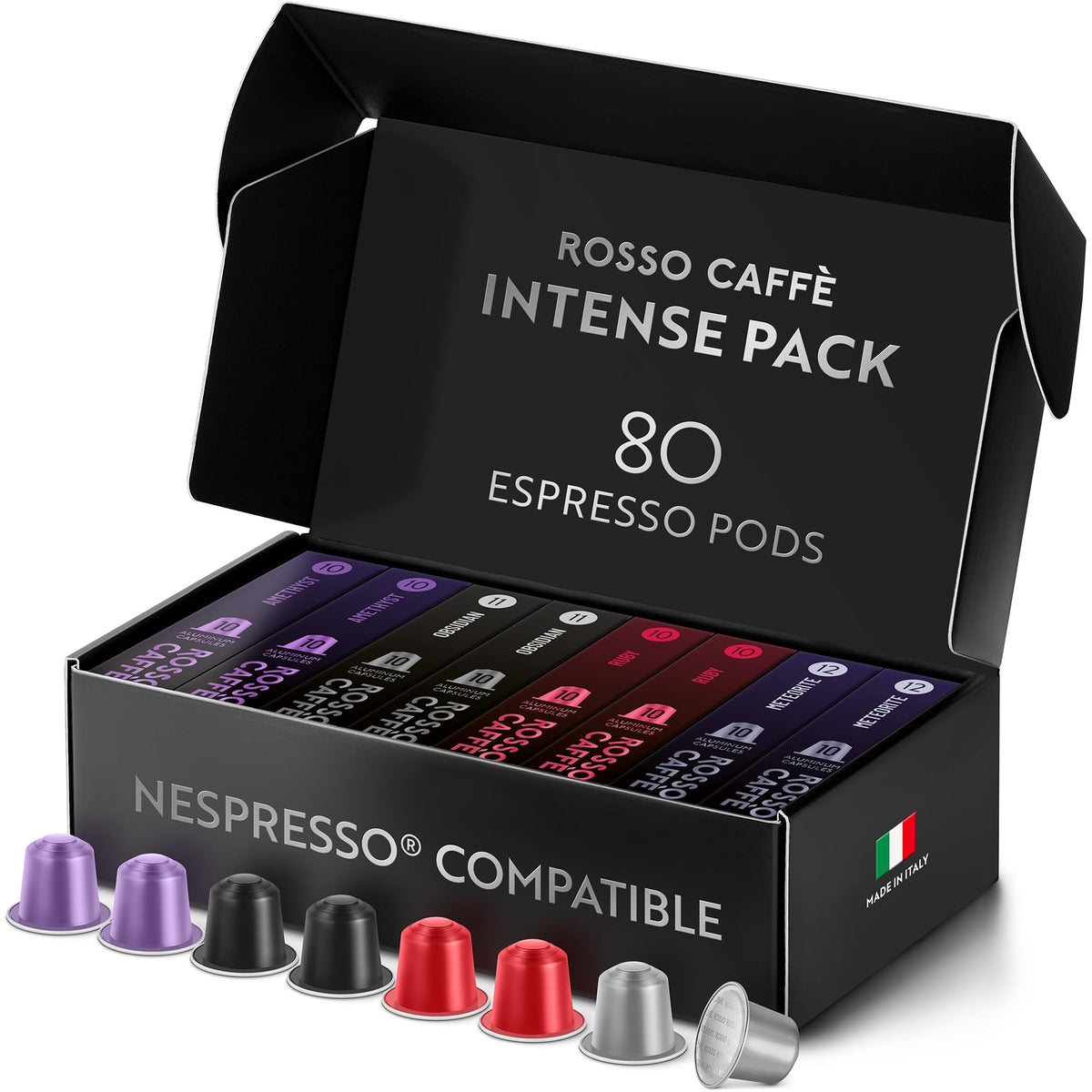 Rosso Caffè espresso pods 80-pack front view for bold morning espresso
