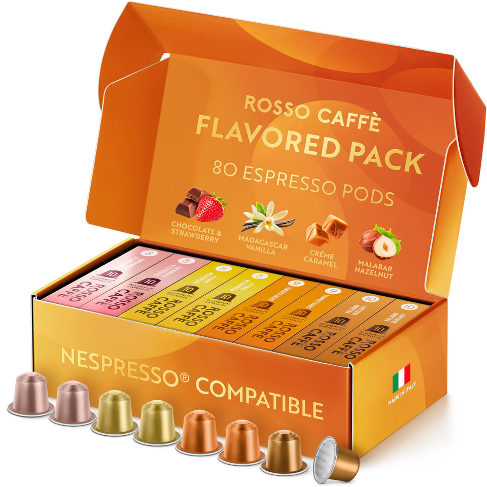Rosso Caffè chocolate and strawberry flavor espresso pods for rich crema at home.