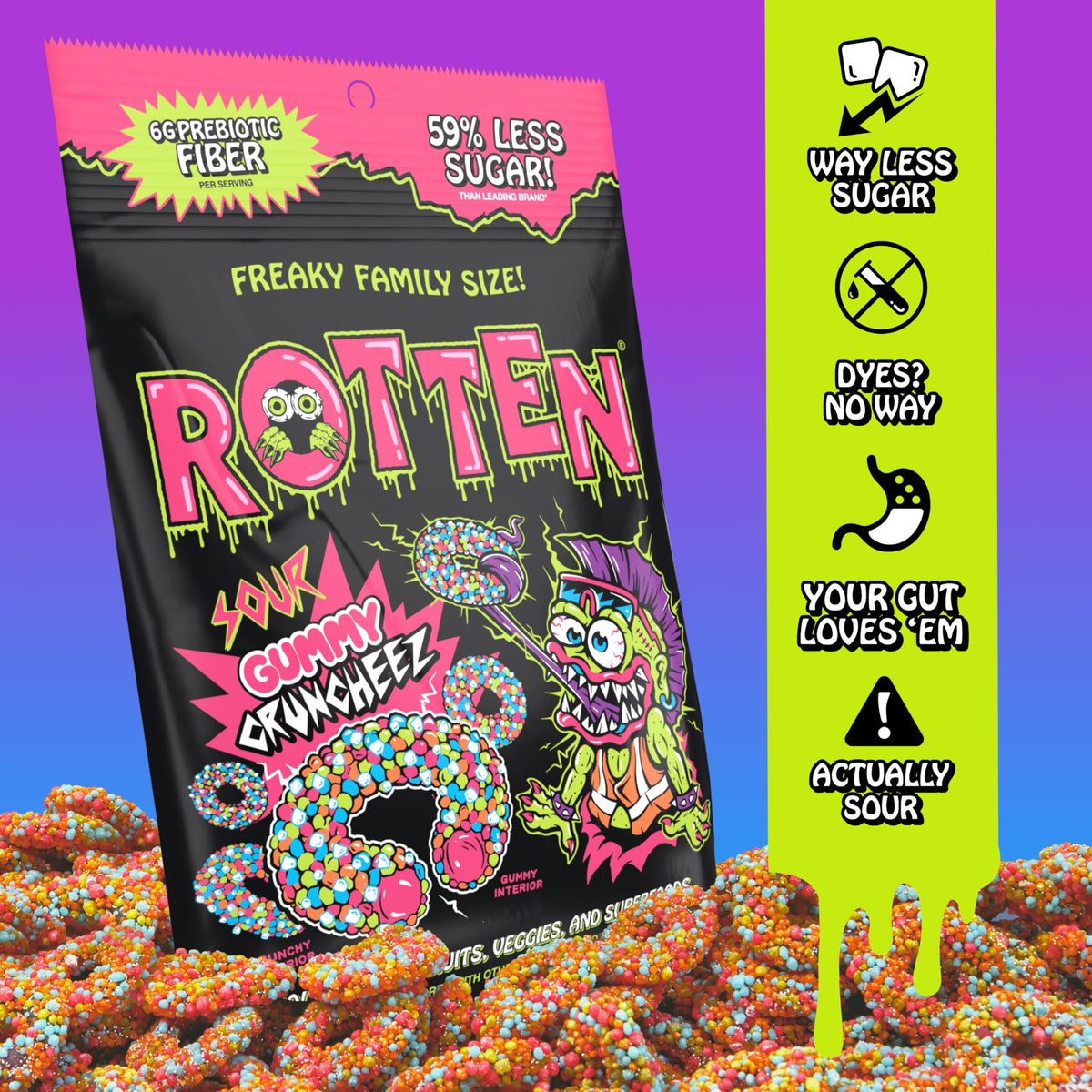 Rotten Gummy Ingredients visual highlights 5g prebiotic fiber