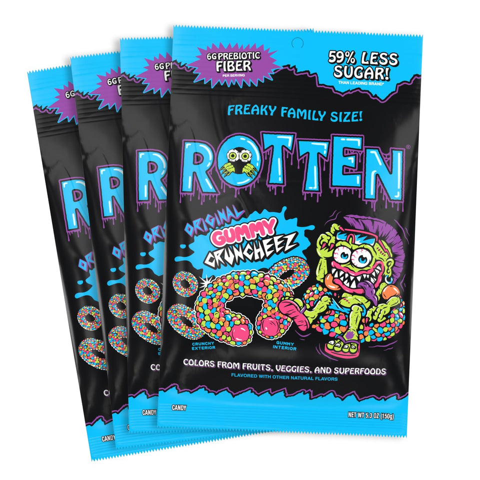 Rotten Original Gummy Cruncheez Loopy Lime snack highlights bold flavor and gluten-free goodness.