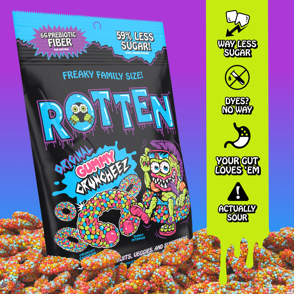 Rotten Original Gummy Cruncheez natural colors closeup with fruit and veggie hues.