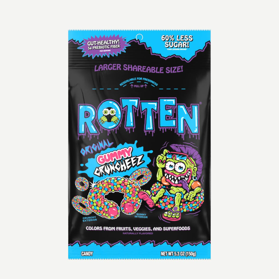 Rotten Original Gummy Cruncheez bottle shot shows gluten-free candy with 5g gut-friendly fiber