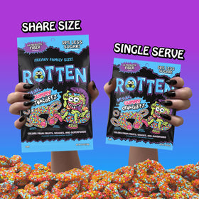 Rotten Gummy Cruncheez USA-made packaging displays clean ingredients and bite-sized share pack