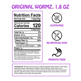 Rotten Original Gummy Worms bag shown, a gluten-free snack with low sugar.