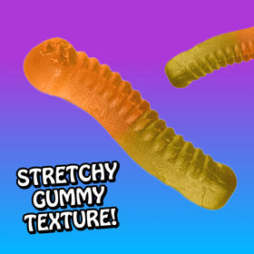 Colorful gummy worms arranged on a plate, Loopy Lime and Scary Cherry flavors.