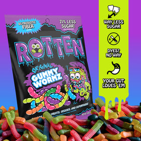 Close-up of nutrition label on Rotten Original Gummy Worms package.