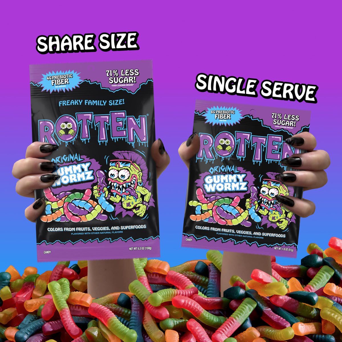 Rotten Original Gummy Worms on-the-go snack, ideal for travel or quick cravings