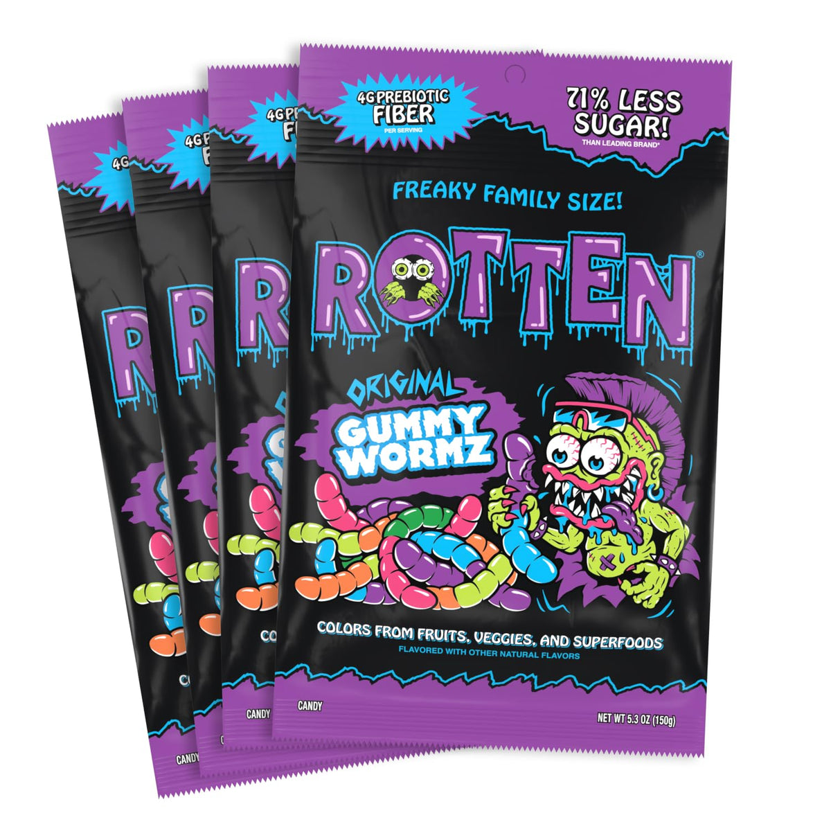 Rotten Original Gummy Worms pack front shows gluten-free, low-sugar candy with prebiotic fiber