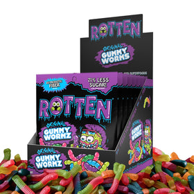 Rotten Original Gummy Worms pack on display, gluten-free candy for mindful snacking.
