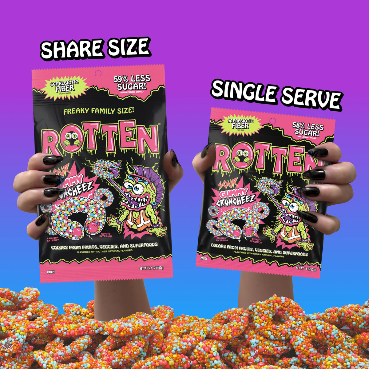 Rotten Sour Gummy Cruncheez lime, cherry, and blue raz flavors in a colorful assortment