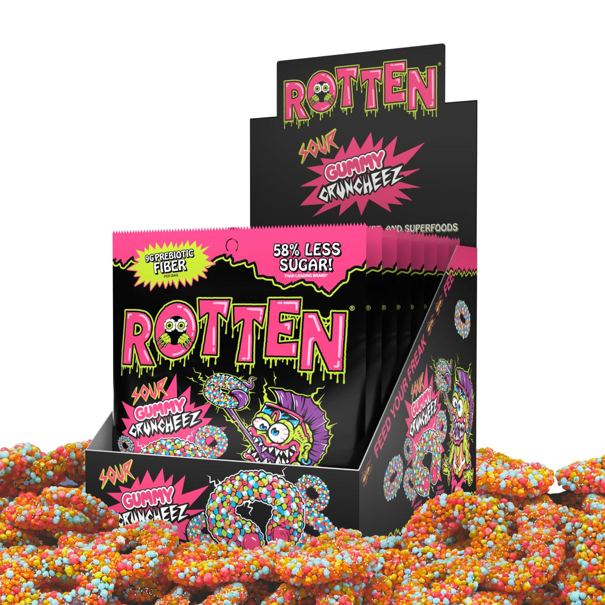 Rotten Sour Gummy Cruncheez bag front with bold flavors and low sugar appeal.