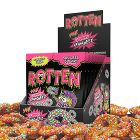 Rotten Sour Gummy Cruncheez bag front with bold flavors and low sugar appeal.