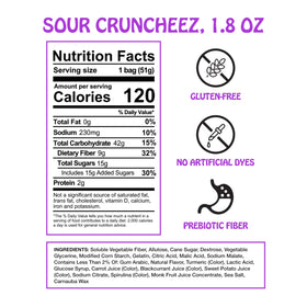 Close-up of Rotten Sour Gummy Cruncheez pack side for on-the-go snacking.