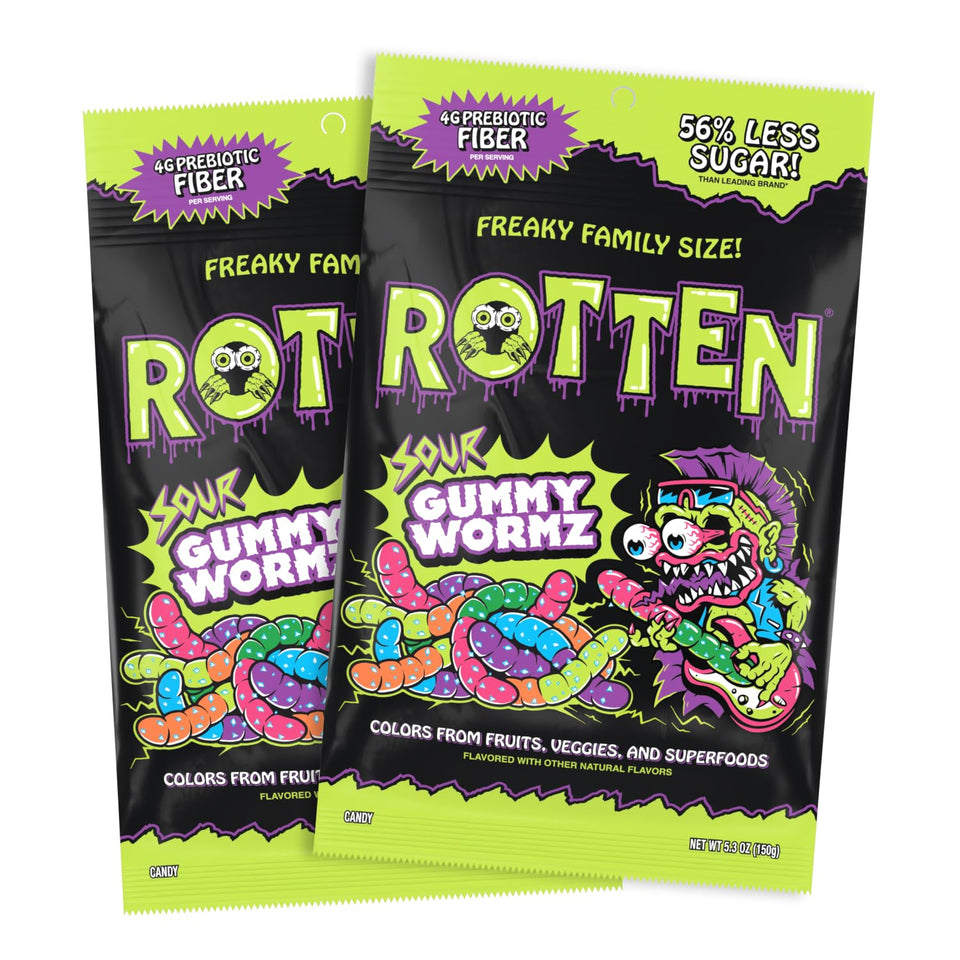Rotten Sour Gummy Worms bag front with six flavors, gluten-free candy for a tasty treat