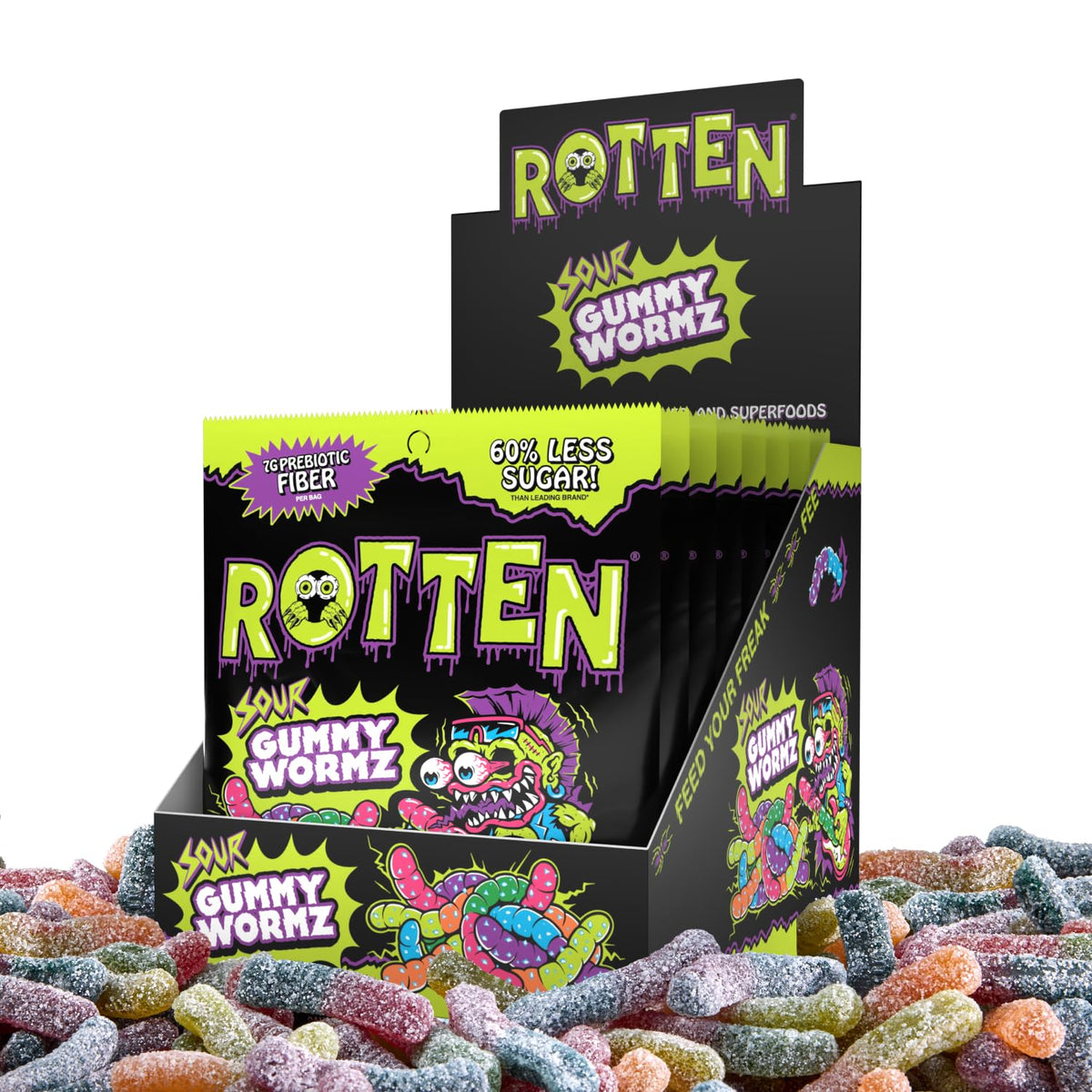 Rotten Sour Gummy Worms loopy lime - gluten-free candy with 7g prebiotic fiber per serving.