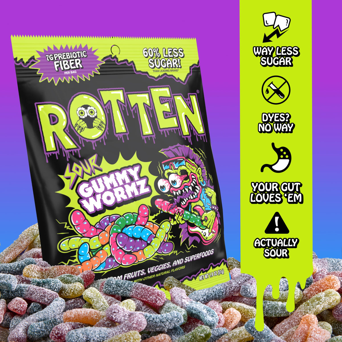 Rotten Sour Gummy Worms six flavors - colorful natural colors from real ingredients.