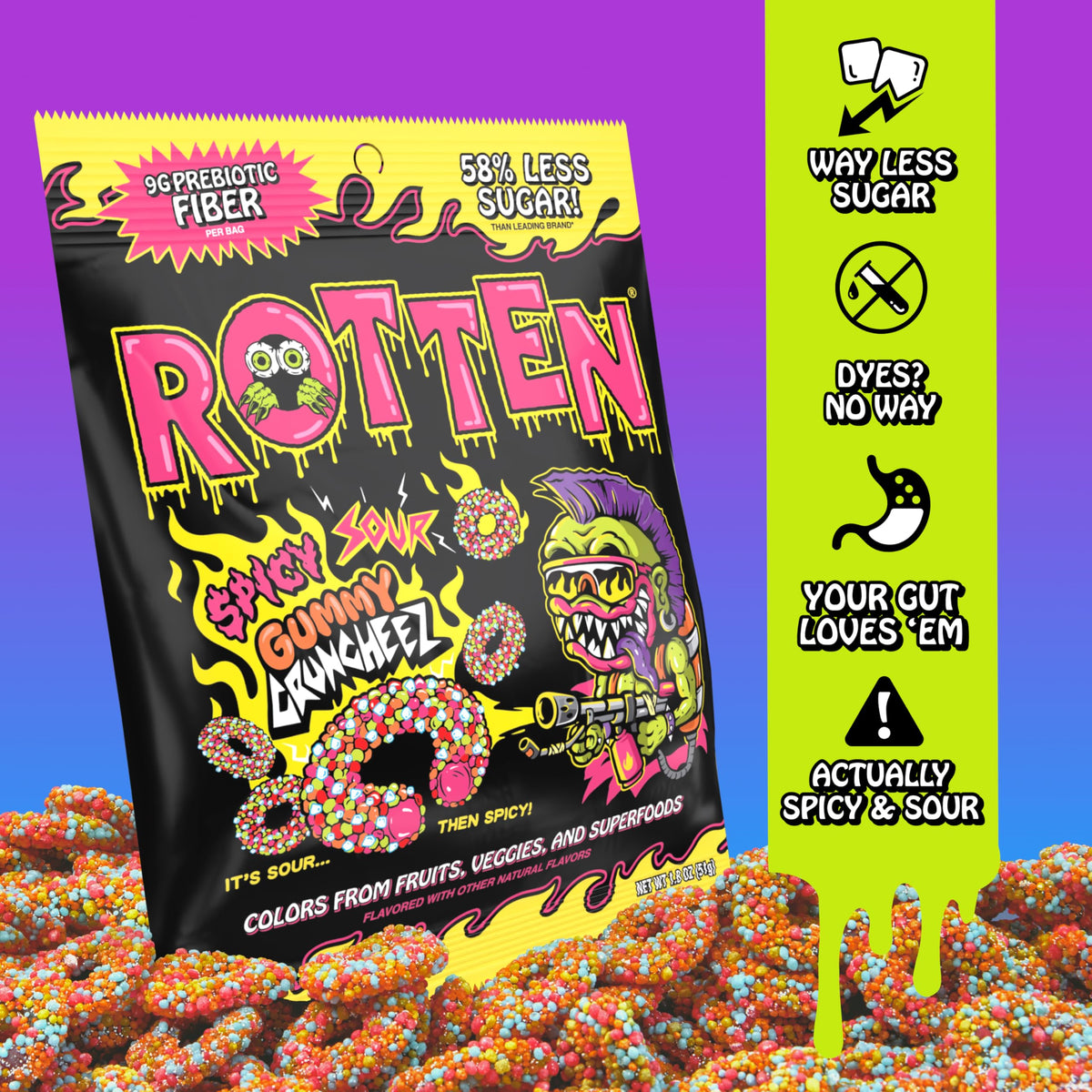 Rotten Spicy Sour Gummy Cruncheez nutrition panel shows 5g prebiotic fiber per serving.