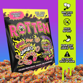 Rotten Spicy Sour Gummy Cruncheez nutrition panel shows 5g prebiotic fiber per serving.
