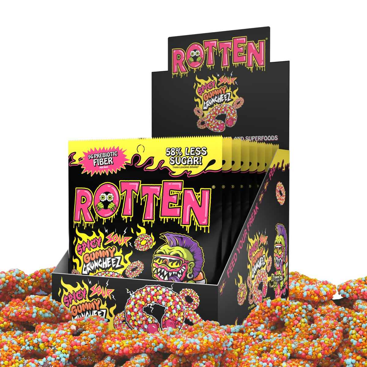 Rotten Spicy Sour Gummy Cruncheez packaging highlights bold color and gluten-free goodness.