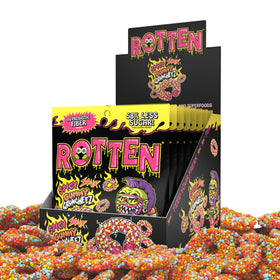 Rotten Spicy Sour Gummy Cruncheez packaging highlights bold color and gluten-free goodness.