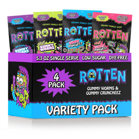 Rotten Variety Gummy Cruncheez Worms hero shot highlights gluten-free, low sugar candy