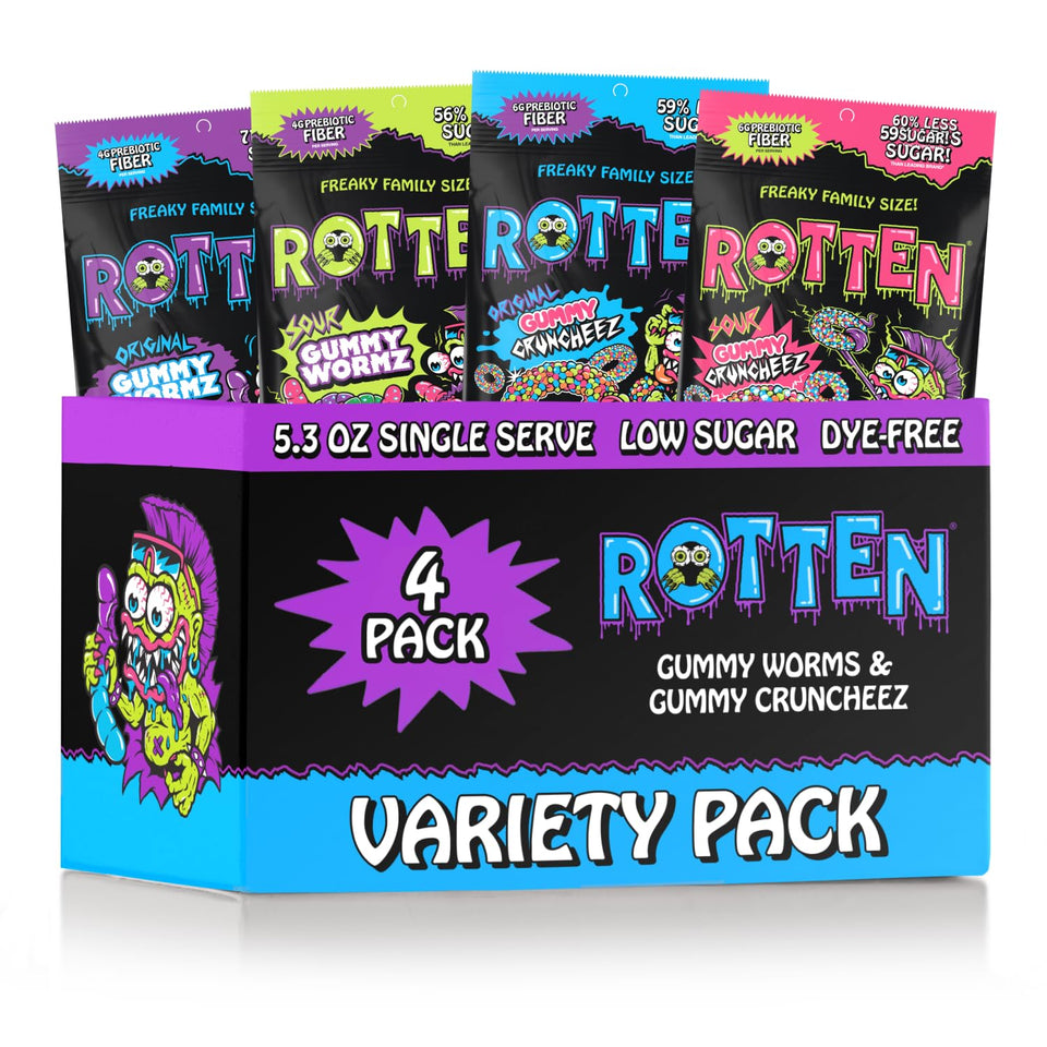 Rotten Variety Gummy Cruncheez Worms hero shot highlights gluten-free, low sugar candy