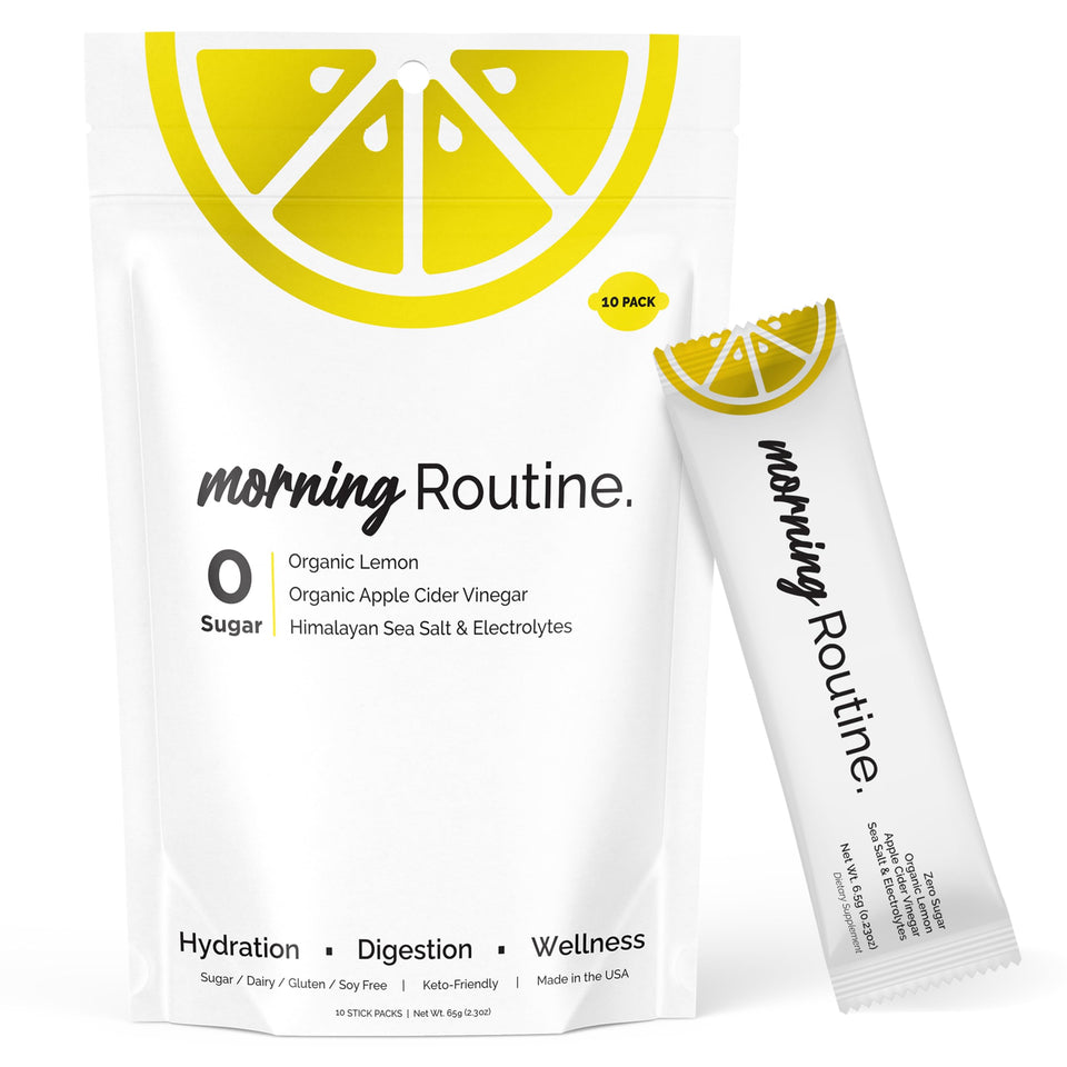 ROUTINE Morning Daily Hydration lemon packets: fast, on-the-go hydration to start your day.