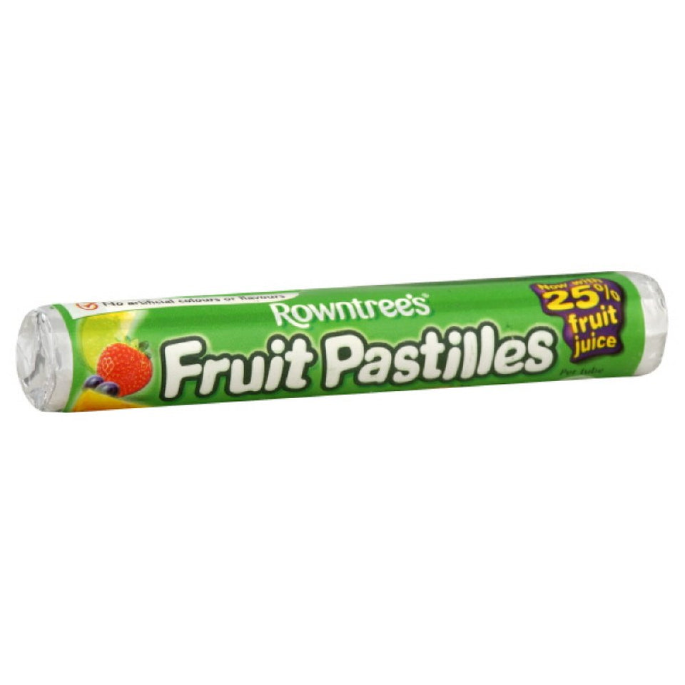 Rowntree's Fruit Pastilles Roll pack: sugar-coated, intense fruit flavor for on-the-go snacking.