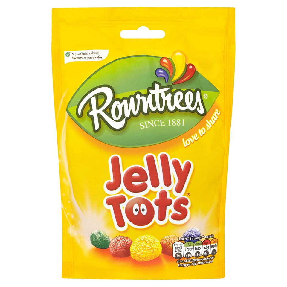 Rowntree's Jelly Tots pouch with five flavours for sharing and playful snacking.