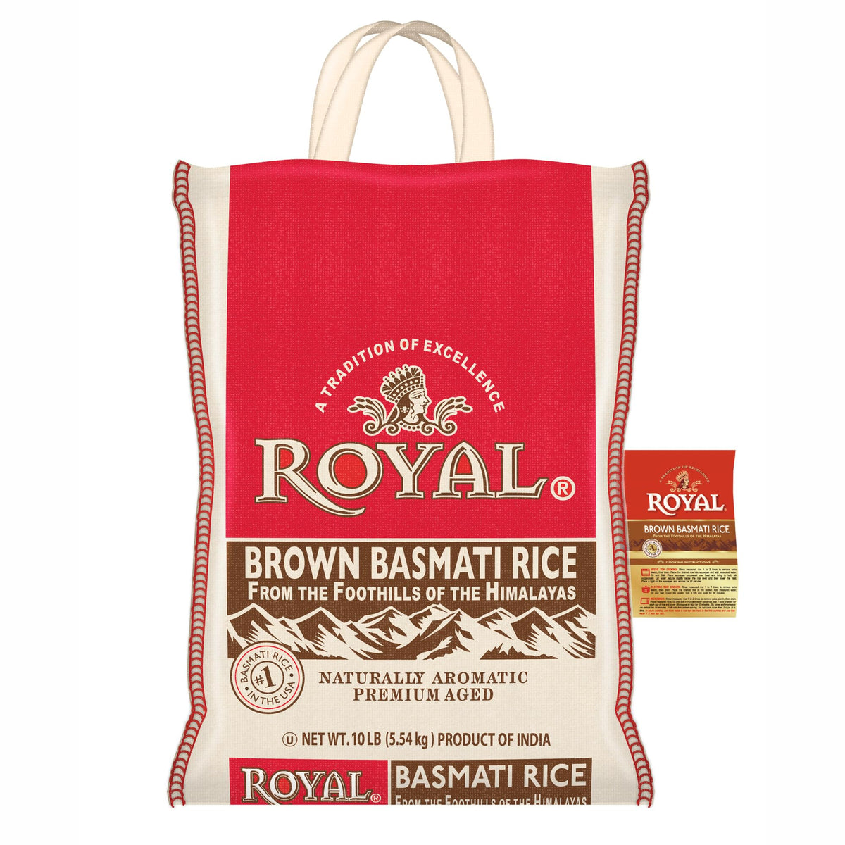 Royal Authentic Basmati Brown Rice bag on counter, ideal for everyday curry and pilaf.