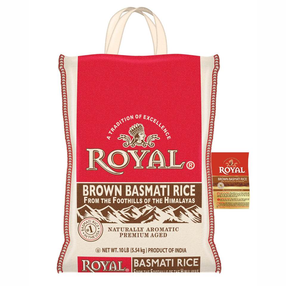 Royal Authentic Basmati Brown Rice bag on counter, ideal for everyday curry and pilaf.