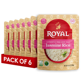 Royal Authentic Thai Hom Mali Jasmine Rice pouch ready to heat for quick meals.