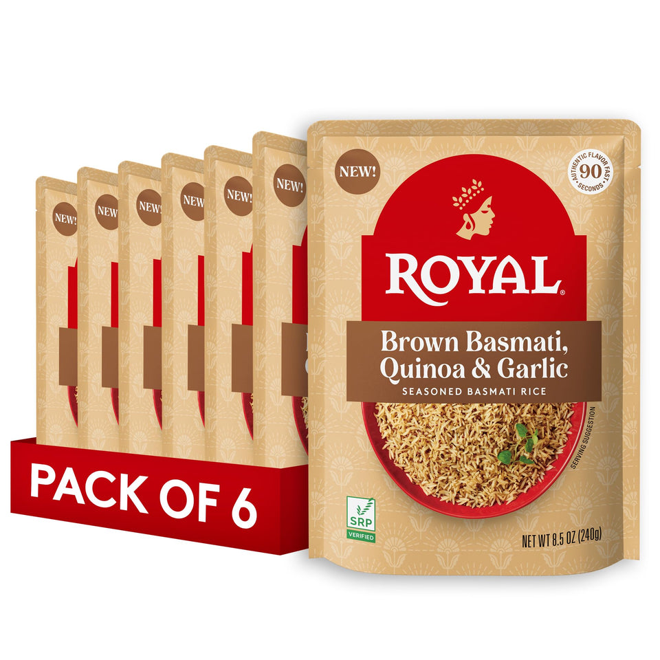Royal Basmati Brown Rice with Quinoa and Garlic in a six-pack pouch for quick meals.