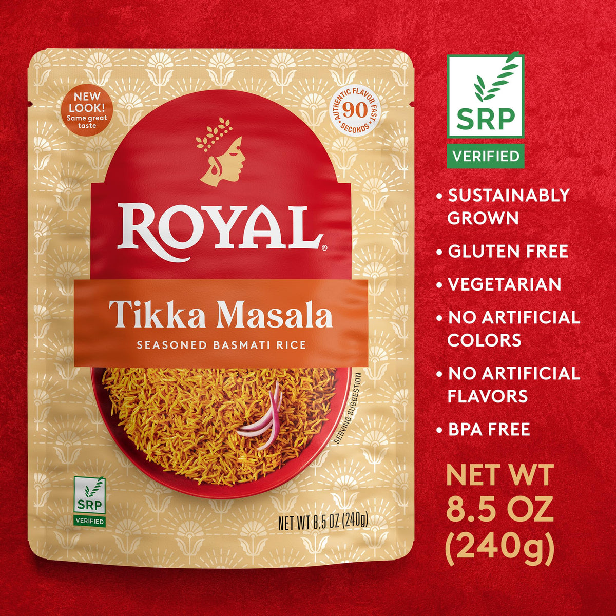 Close-up of Royal extra-long grain Basmati rice, fragrant and fluffy.
