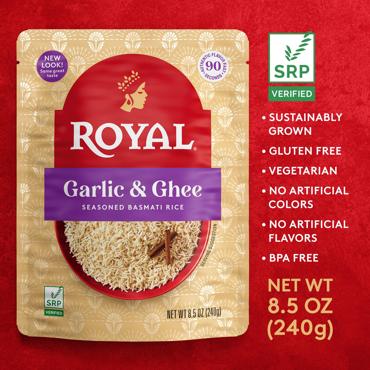 Royal Basmati long-grain rice delivers authentic aroma and texture.