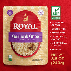 Royal Basmati long-grain rice delivers authentic aroma and texture.