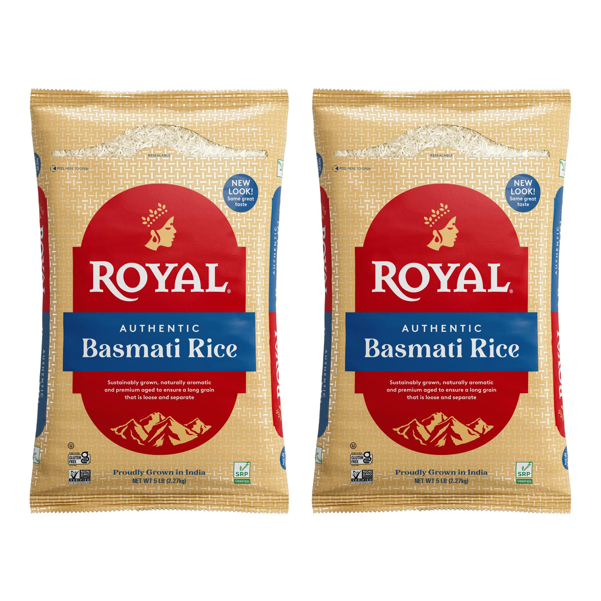 Royal Basmati rice packaging in a 2-pack burlap bag for easy storage.