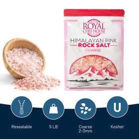 Royal Chef House Himalayan Pink Salt 5 lb bulk bag coarse grain close-up for grinders.