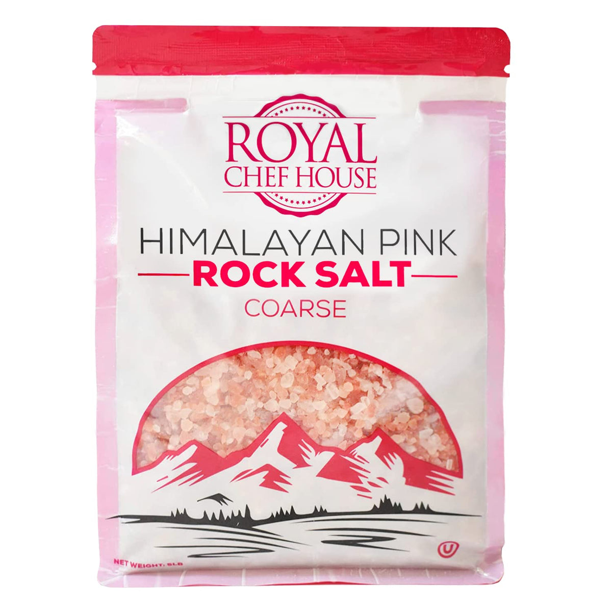 Royal Chef House Himalayan Pink Salt 5 lb bulk bag front view for versatile kitchen seasoning.