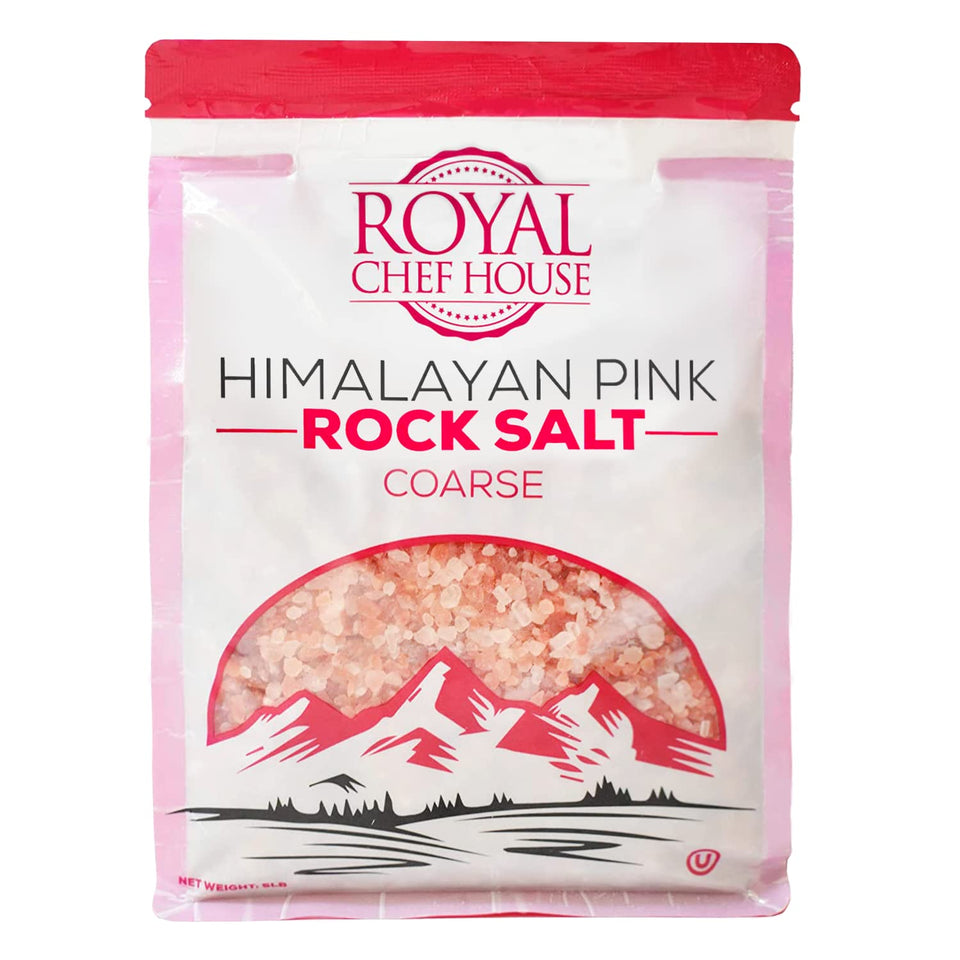 Royal Chef House Himalayan Pink Salt 5 lb bulk bag front view for versatile kitchen seasoning.