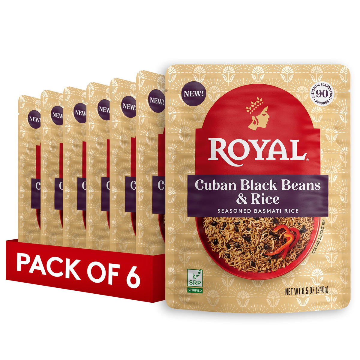 Royal Cuban Black Beans & Basmati Rice ready-to-heat pouch on kitchen counter