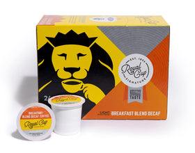 Royal Cup Signature breakfast blend decaf capsules ready for daily enjoyment.